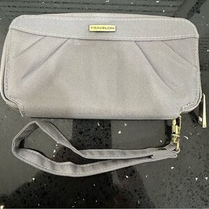 Travelon Gray RFID Blocking Zip Around Wristlet Wallet Purple Interior